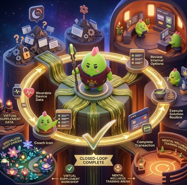 A digital illustration showing a green mascot character standing on a central pedestal surrounded by a glowing circular pathway with labeled stations like 'Wearable Device Data,' 'Coach Icon,' 'Complete Transaction,' and 'Execute Solution Routine,' ending with 'CLOSED-LOOP COMPLETE.'