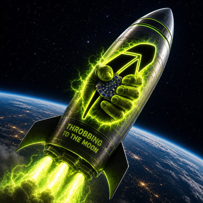 Digital artwork of a metallic rocket with green glowing flames blasting into space, featuring a hand holding a lightning bolt and text reading 'THROBBING TO THE MOON'.