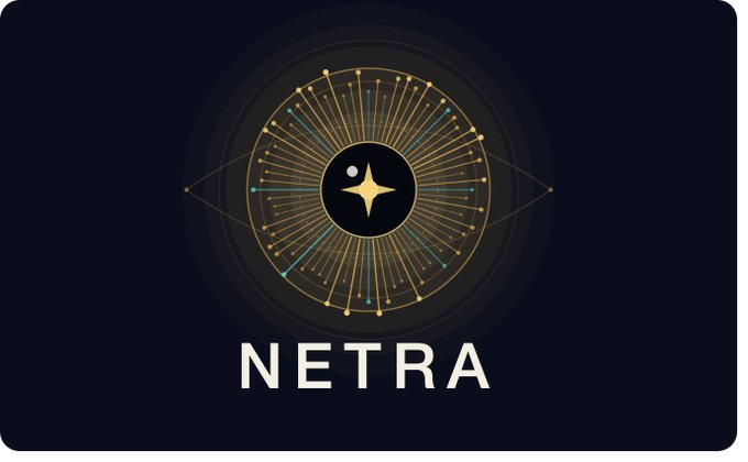 A logo design for 'NETRA' featuring a stylized golden eye with radiating lines resembling a sun or compass, set against a dark navy background.