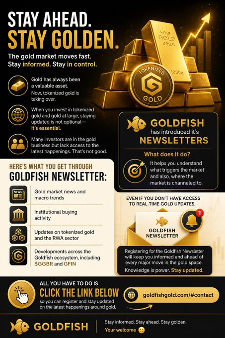 An advertisement for Goldfish newsletters that says 'STAY AHEAD. STAY GOLDEN.' and promotes updates on tokenized gold, the Goldfin ecosystem, and RWA sector, directing viewers to goldfishgold.com/#contact.