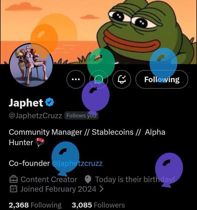 A Twitter/X profile for 'Japhet' (@JaphetzCruzz), describing himself as 'Community Manager // Stablecoins // Alpha Hunter' and 'Co-founder', with a Pepe the Frog banner.