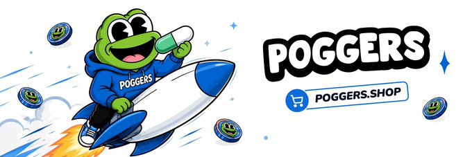 A cartoon mascot of a green frog wearing a blue hoodie reading 'POGGERS' rides a rocket, alongside the logo 'POGGERS' and 'POGGERS.SHOP'.