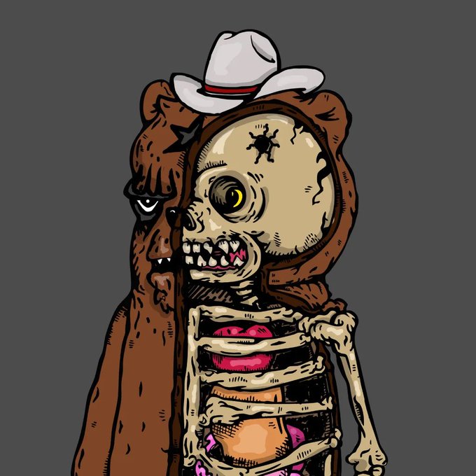 A cartoon illustration of a skeletal zombie bear wearing a white cowboy hat with a red band, featuring a bullet hole in its skull and exposed ribs.