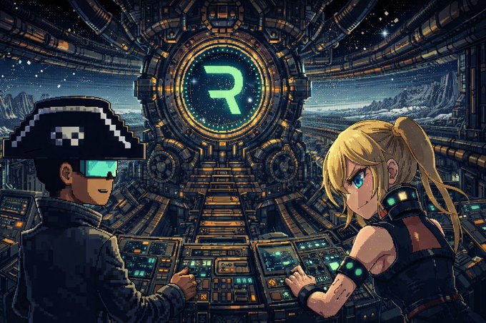 A pixel art scene shows a pirate-hat-wearing figure with a VR headset and a blonde ponytailed operator working at control panels inside a futuristic space station, with a glowing "R" logo displayed prominently in the central circular gateway. The image symbolizes RIFT Protocol's mission to deliver a professional, space-grade trading experience—matching the post's call for fast execution, deep liquidity, and low fees in DEX environments.