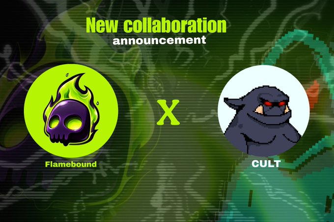 A 'New collaboration announcement' graphic featuring two pixel art avatars: 'Flamebound' (a purple flaming skull on green) and 'CULT' (a dark hooded figure) with an 'X' between them.