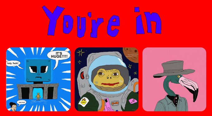 The image features a cartoon-style poster with three panels depicting different characters from popular comic books or cartoons. The first panel shows a robot wearing a blue helmet and holding a microphone, while the second panel depicts an astronaut in a space suit with a smiley face on his helmet. The third panel features a pink flamingo with a hat on its head. The poster also includes text that reads "You're IN" and "HATE IT! IT'S BIGGER THAN YOU THINK", suggesting that the characters are ready to embark on an adventure together.