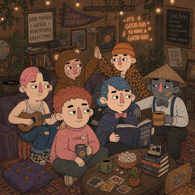 A whimsical illustration depicts a group of diverse friends gathered in a cozy, cluttered lounge, with one playing a ukulele, others reading "The Book of Good Ideas," and the room adorned with signs reading "Good Friends, Weird Adventures, Great Times," "Stay Curious," "It's a Good Day to Have a Good Day," and "Club Rules: Be kind, Tell jokes, Share snacks, Listen, Make memories." The scene's warm, inclusive vibe of community and shared values mirrors the post's sentiment about belonging to a like-minded NFT collective.