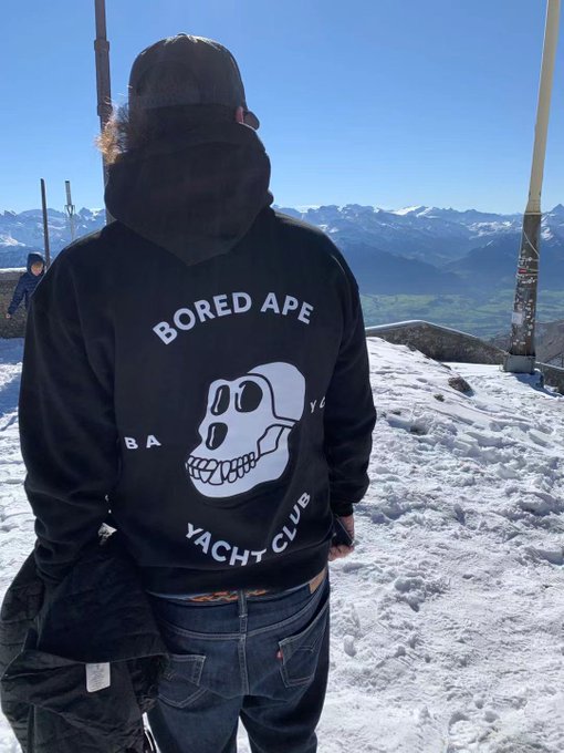 Back view of a person wearing a black 'Bored Ape Yacht Club' hoodie standing on a snowy mountain overlook with a small airplane drawing visible in the sky.
