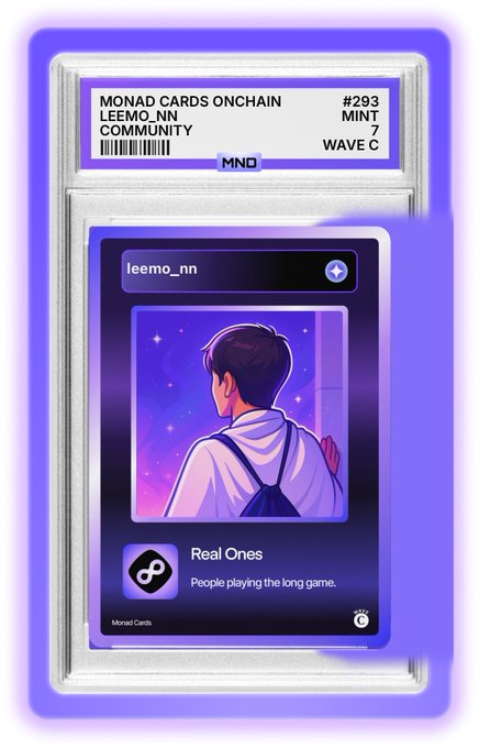 A Monad Cards Onchain collectible card #293 in a protective sleeve, featuring an anime-style illustration and tagged 'Real Ones - People playing the long game' for the user leemo_nn.
