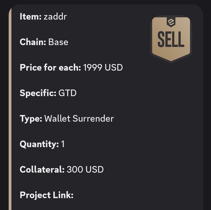 The image displays a dark-themed listing card for an OTC NFT sale of the item "zaddr" on the Base chain, priced at 1999 USD each with a "SELL" badge, GTD specificity, Wallet Surrender type, quantity of 1, and 300 USD collateral, which corresponds to the post announcing that the zaddr NFT is trading for $2K OTC while awaiting application approval.