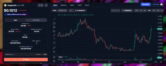 A cryptocurrency price tracking interface shows the Dogecoin (DOGE) price at $0.1012, down 13.1%, alongside a candlestick trading chart.