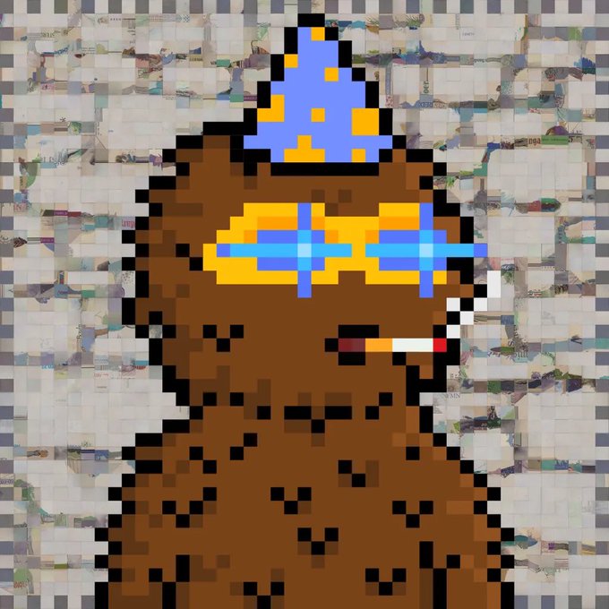 A pixel art character with a blue and yellow wizard hat and matching star-shaped sunglasses, smoking a cigarette, set against a collage background.