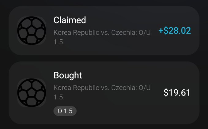 The image displays a screenshot of two posts on an online prediction market, where one shows that they had won another match with Korea Republic vs Czechia, and the other post claims to have purchased a soccer ball for 1.5 units. The text seems to be in Korean, which might make it difficult to understand for those not familiar with the language or the context of the posts.