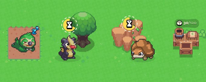 A pixel art video game scene showing a bird-like character and a raccoon on green grass, with hourglass icons above them and a small map showing a frog creature on the left.