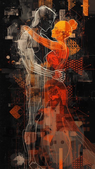 Abstract digital artwork featuring white wireframe figures of a couple embracing, with one figure rendered in vibrant orange-red against a dark, textured background.