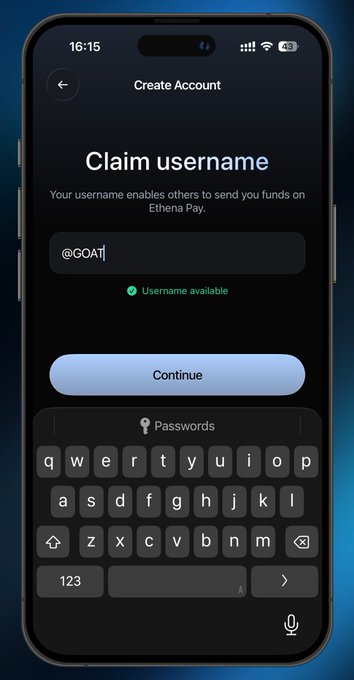 A smartphone screenshot showing a 'Create Account' screen for Ethena Pay, where the username '@GOAT' is being entered as available with a 'Continue' button below.