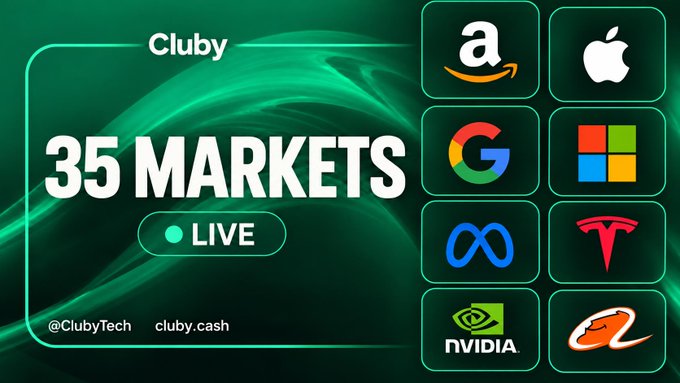 The image is a promotional graphic for Cluby displaying "35 MARKETS LIVE" in bold white text on a green background, accompanied by logos of major companies and platforms including Amazon, Apple, Google, Microsoft, Meta, Tesla, NVIDIA, and what appears to be a sports logo. The graphic relates to the post by visually listing the specific, disclosed lending markets (represented by the brand logos) that a user can opt into by supplying USDG into the Core vault, reinforcing the post's message of transparent, on-chain risk disclosure through a published market whitelist rather than vague labels.