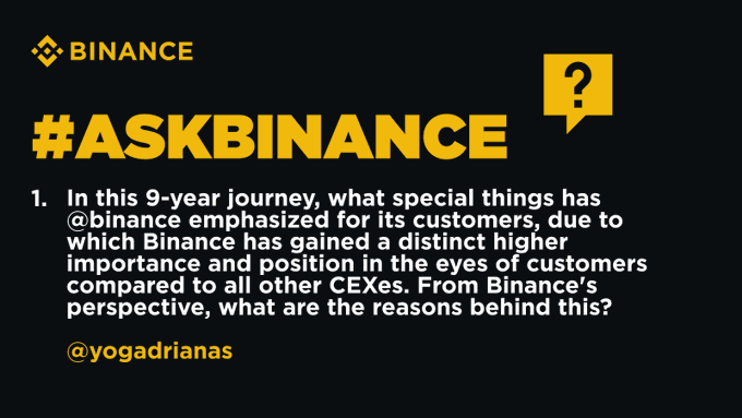 A slide titled 'BINANCE #ASKBINANCE' featuring a question from @yogadrianas about Binance's 9-year journey and what special emphasis they place on customers compared to other CEXes (centralized exchanges).