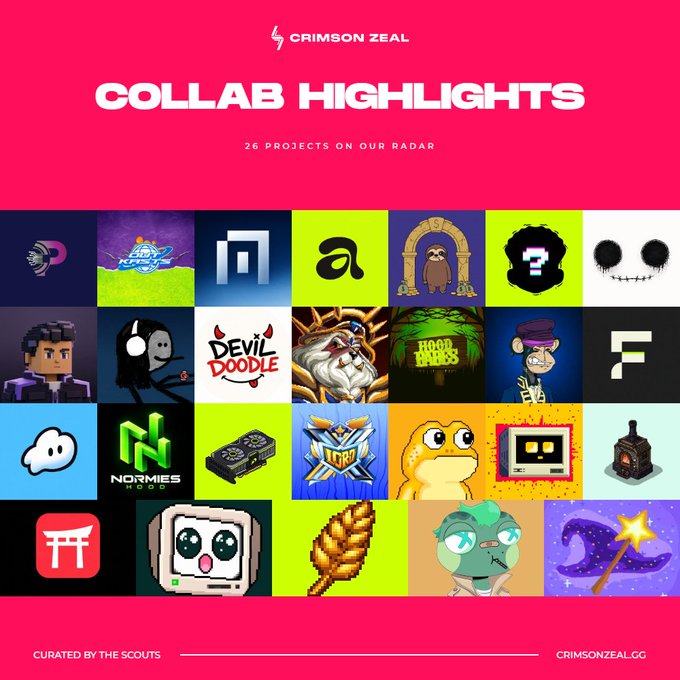 A promotional graphic titled 'CRIMSON ZEAL COLLAB HIGHLIGHTS - 26 PROJECTS ON OUR RADAR', displaying a grid of various colorful NFT and gaming logos including Devil Doodle, Hood Rats, and Normies.