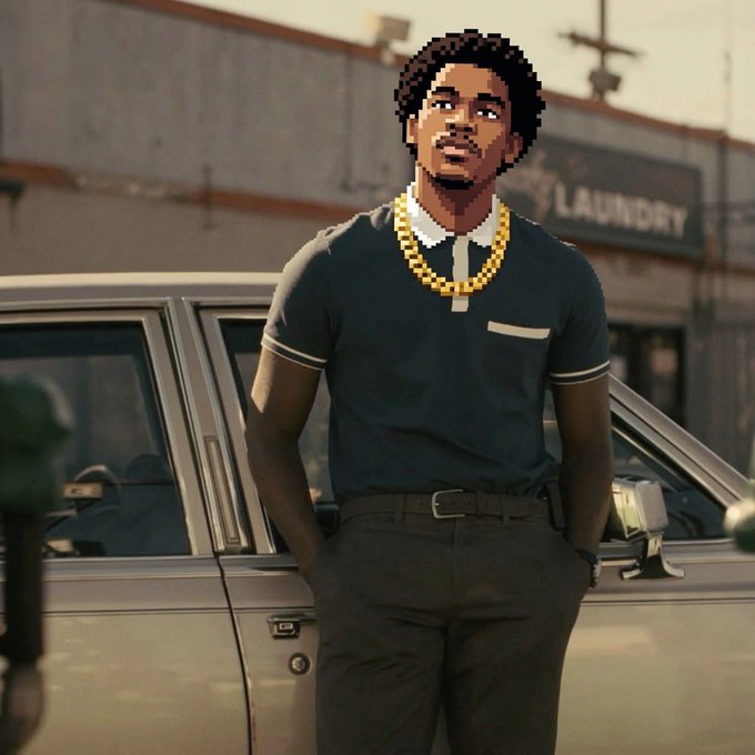 A pixel art rendering of a man with an afro, gold chain, and dark polo shirt standing confidently in front of a car with a 'LAUNDRY' sign visible in the background.
