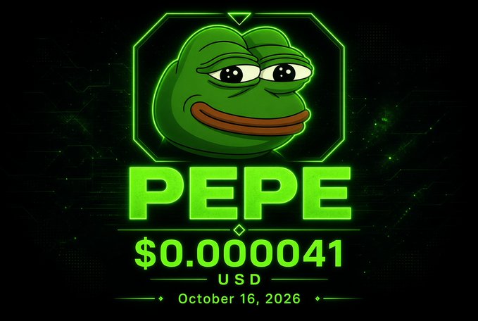 A dark promotional graphic featuring the Pepe the Frog meme character in a green neon hexagonal frame, displaying the text 'PEPE' with a price of '$0.0000041 USD' and the date 'October 16, 2026'.