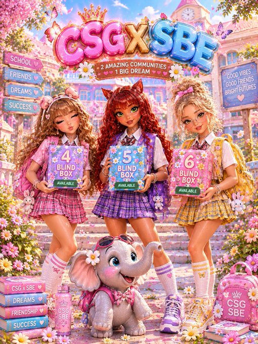 A vibrant promotional poster titled 'CSG x SBF' featuring two communities merging into one big dream, showcasing three doll-like characters holding '4 Blind Box', '5 Blind Box', and '6 Blind Box' items, accompanied by a cute elephant.