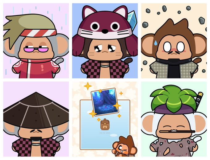 A collage of six cartoon characters in animal-themed hoods (elephant, cat, monkey) with various accessories, including a panel showing a trading card exchange.