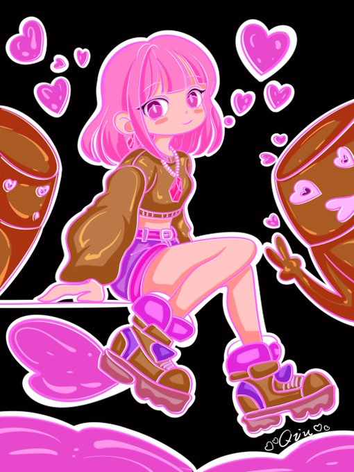 A vibrant anime-style illustration of a pink-haired girl surrounded by floating hearts, flanked by two chocolate-covered figures, wearing pink and brown sneakers and a pink crystal necklace.