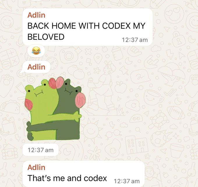 A WhatsApp conversation from "Adlin" sent at 12:37 am shares "BACK HOME WITH CODEX MY BELOVED" followed by a laughing emoji and a doodle of two frogs hugging, captioned "That's me and codex"—playfully illustrating the sentiment "home is where the codex is" with the affectionate frog embrace.