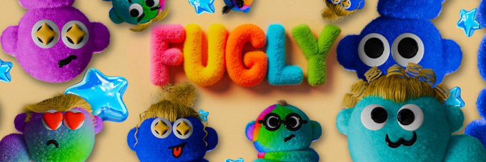 The image features a banner with a cartoon character, likely a stuffed animal or doll, that says "Fugly" written in large letters. The background of the image is white, which contrasts with the colorful characters and makes them stand out. There are also some stars scattered throughout the image, adding to its visual appeal.