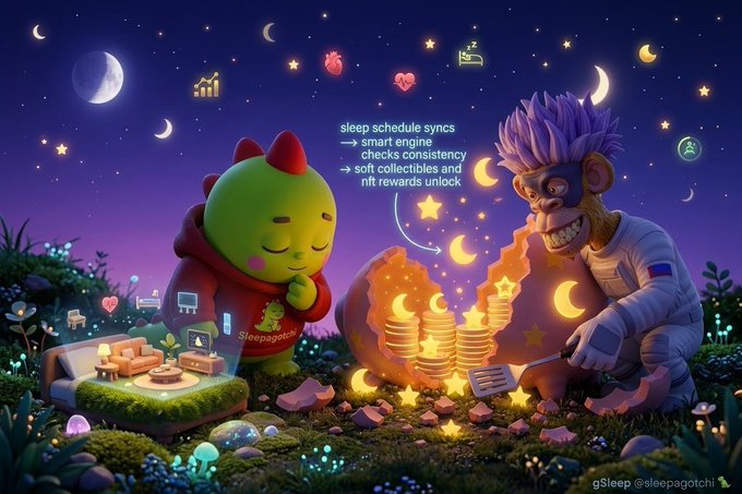 A colorful digital illustration showing a cartoon dragon in a red hoodie and a monkey-like astronaut character working together on a glowing crescent moon under a starry sky, with text reading 'sleep schedule syncs → smart engine checks consistency → soft collectives and nft rewards unlock'.
