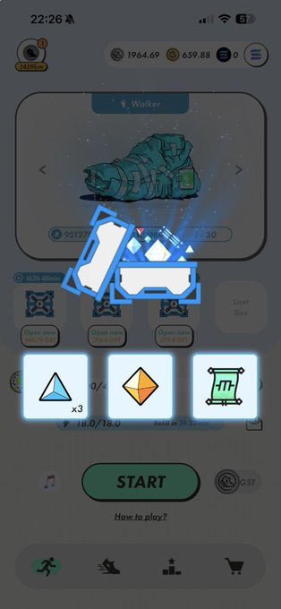 A mobile game interface shows a cyan sneaker item labeled 'Walker' with stats 9512 and Lv. 30, featuring an animated blue loot box animation and resources including a blue triangle and orange diamond above a 'START' button.