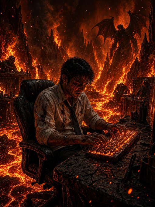 A dark fantasy illustration of a bloodied man in a torn shirt typing intensely on a glowing keyboard while sitting at a desk surrounded by lava, with a demonic winged figure looming in the fiery background.