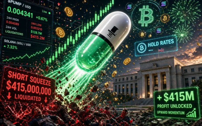 A stylized financial graphic depicting a short squeeze event with $415,000,000 liquidated, showing a rocket taking off with green Bitcoin graphics, candlestick charts, and the Federal Reserve building.