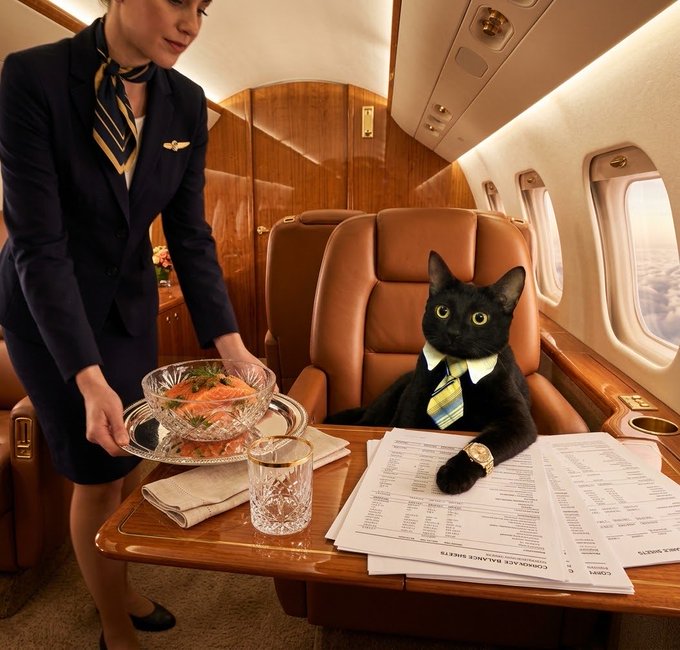 A humorous image showing a black cat wearing a tie sitting at a table in a private jet while a flight attendant in uniform serves a bowl of salmon.