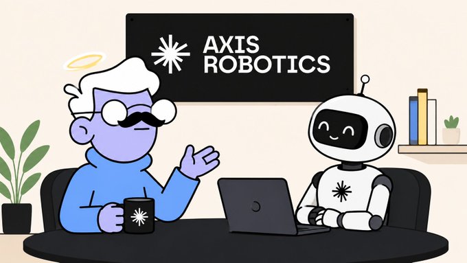 An animated cartoon scene under an 'AXIS ROBOTICS' sign, showing a purple character with an angel halo and mustache sitting at a table with a laptop, alongside a friendly white robot.