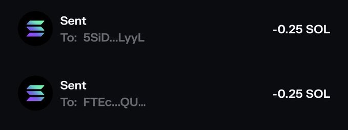 The image displays two Solana transaction confirmations, each showing "Sent -0.25 SOL" to the wallet addresses "5SiD...LyyL" and "FTEc...QU...", visually confirming the 0.25 SOL transfers mentioned in the post to recipients @helloramses and @0xhayzed.