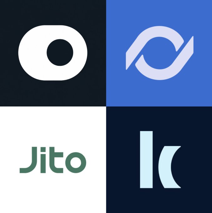 A four-panel grid showing logos: a black circle with a dot, a blue chain link symbol, the word 'Jito' in green, and a light blue 'K' shape on a dark background.