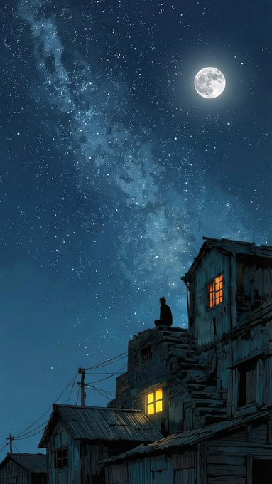 A serene night illustration showing a silhouetted cat sitting on rooftop structures under a brilliant starry sky with the Milky Way and a full moon.