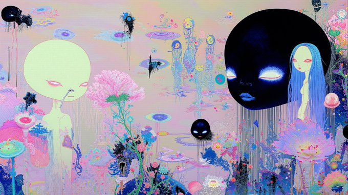 A surreal, colorful digital painting featuring pale alien-like figures with closed eyes, a large dark face with glowing blue eyes, a blue-haired female figure, and vibrant pink and purple flowers against a soft pastel background.