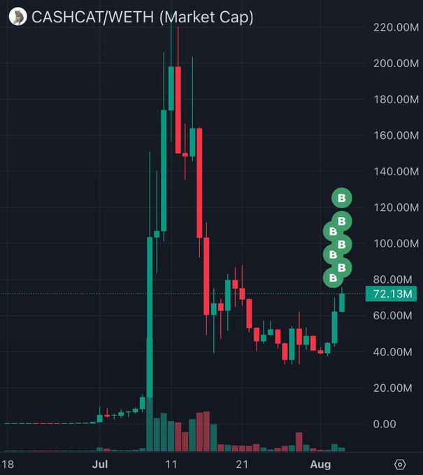 Candlestick market cap chart for CASHCAT/WETH showing a massive peak around 220M in early July followed by a sharp decline and recent recovery to 72.13M, with multiple 'B' markers indicating buy signals.