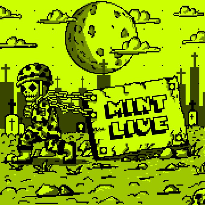 A pixel-art skeleton in military gear plays violin among gravestones under a full moon, beside a tombstone inscribed "COLLECT LIVE," tying into the post's darkly humorous NFT mint announcement for "Dead" on OpenSea.