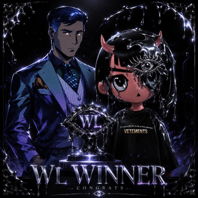 A digital artwork showing an anime-style man in a suit alongside a chibi character, both featuring glowing red eyes and dark, glossy liquid effects, with a trophy reading 'WL WINNER CONGRATS' below.