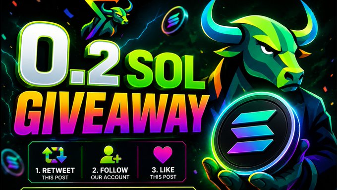 Vibrant promotional graphic featuring a neon green and purple bull holding a Solana ($SOL) logo coin, advertising a "0.2 SOL GIVEAWAY" with instructions to retweet, follow, and like, directly matching the post's giveaway announcement for 50 winners on @SigmaBullX.