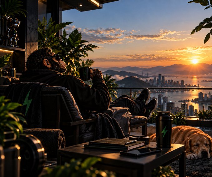 A monkey wearing sunglasses relaxes on a balcony chair drinking from a mug while a golden retriever lies nearby, overlooking a city skyline at sunset.