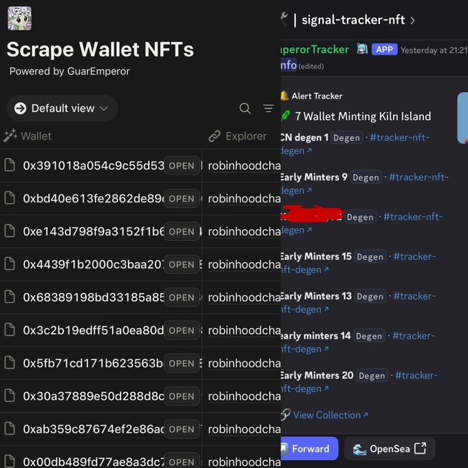 The image shows a Notion-based "Scrape Wallet NFTs" tool powered by GuarEmperor, displaying a list of cryptocurrency wallet addresses (starting with "0x") linked to "robinhoodcha" along with NFT collection names like "Degen" and "Early Minters" tagged with #tracker-nft-degen. On the right side, a Discord alert from the "signal-tracker-nft" channel reports that "7 Wallet Minting Kil Island," illustrating how the scraper tracks wallets for emerging NFT minting opportunities as referenced in the post about sharing degen NFT collections with good ROI.