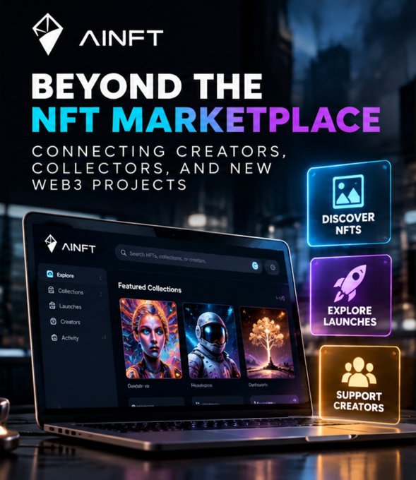A marketing graphic for 'AINFT' with the headline 'BEYOND THE NFT MARKETPLACE - CONNECTING CREATORS, COLLECTORS, AND NEW WEB3 PROJECTS', showing a laptop displaying NFT collections and icons for 'DISCOVER NFTS', 'EXPLORE LAUNCHES', and 'SUPPORT CREATORS'.