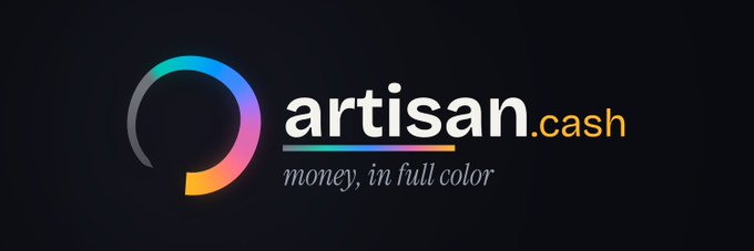 A logo for "artisan.cash" featuring a colorful gradient circular design with the tagline "money, in full color" on a dark background, promoting the @ArtisanCash brand.