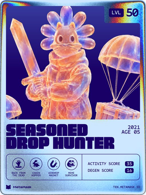 A holographic MetaMask collectible card titled "Seasoned Drop Hunter" at LVL 50 shows a warrior figure with a sword and parachute, celebrating 5 years of MetaMask use with a 2021 AGE 05, Activity Score of 35, and Degen Score of 16, featuring traits like "Back from the Dead," "Chain Hopper," "Airdrop Magnet," and "Meme Survivor."
