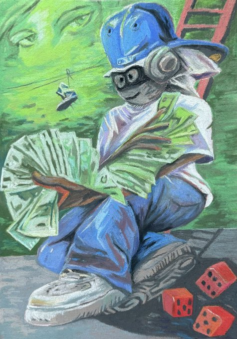 The image features a cartoon depiction of a boy wearing a blue baseball cap, holding money and playing with red dice. The background includes a green wall with a large eye staring at him from above. The caption "gm frens and fams" is written in white text below the image.